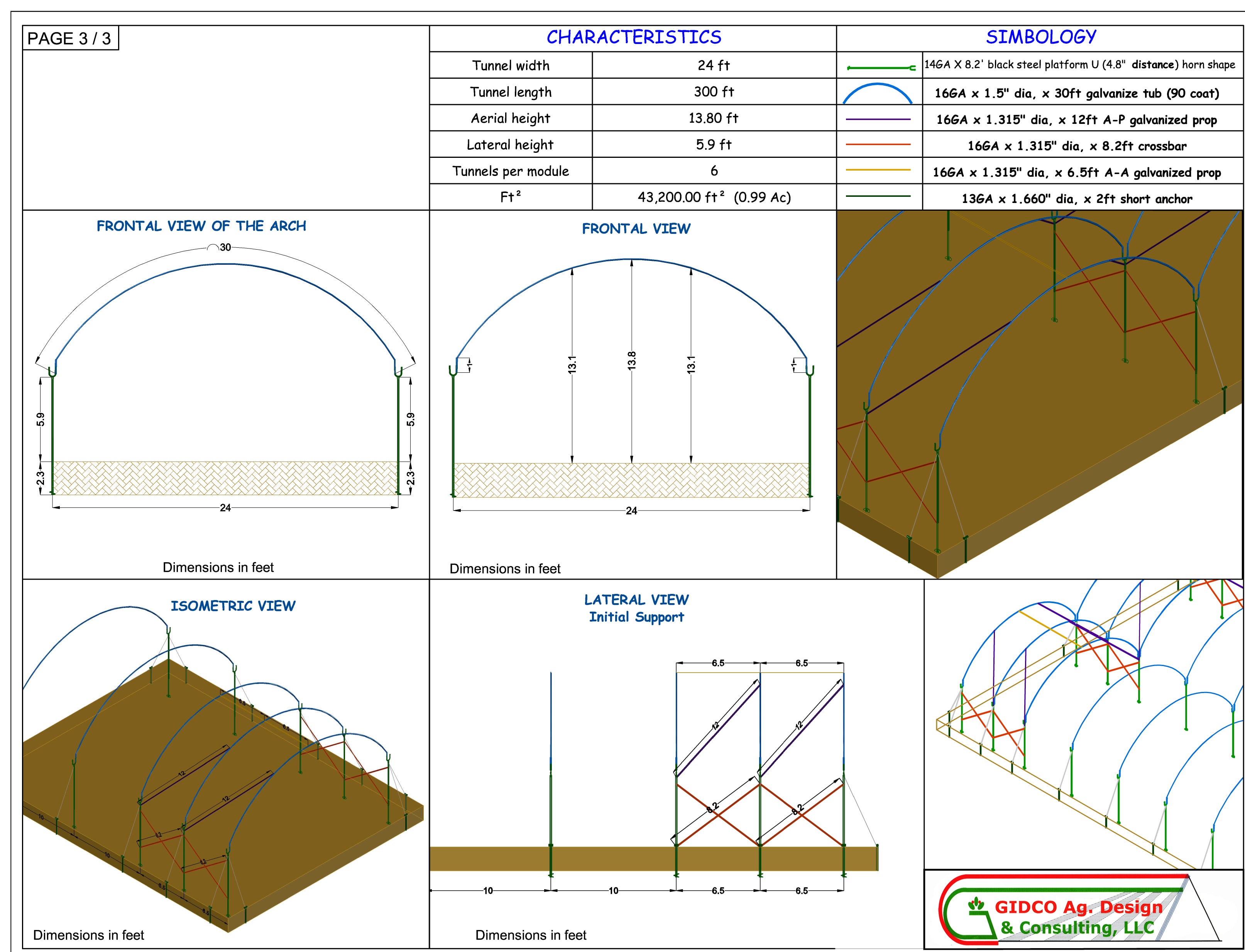 Tunnel Type A — Engineering Details: frontal arch, frontal, lateral, and isometric views with full component dimensions and materials specification.