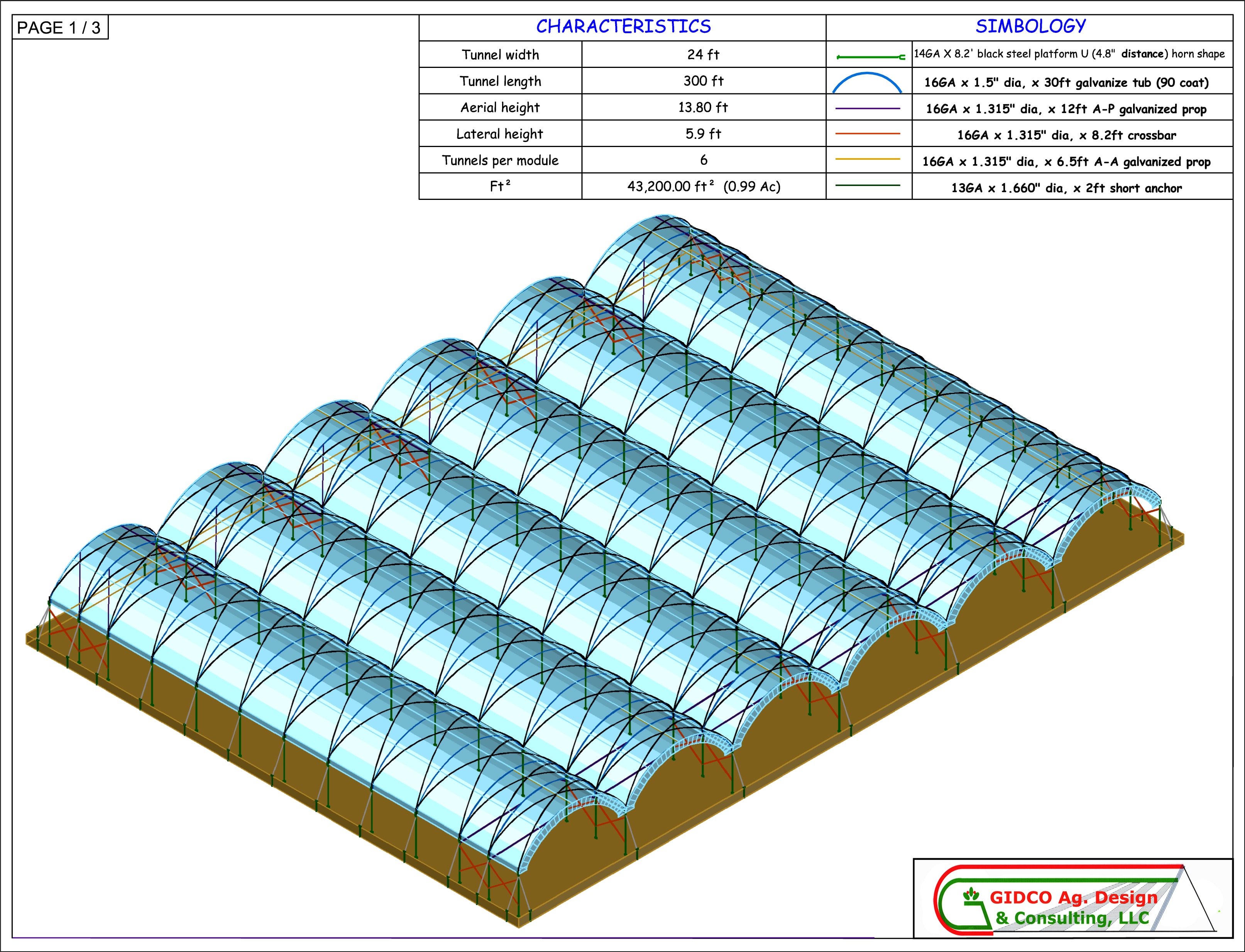 Tunnel Type A — General Layout: 24 ft wide × 300 ft long, 13.80 ft aerial height, 6 tunnels per module (0.99 Ac).