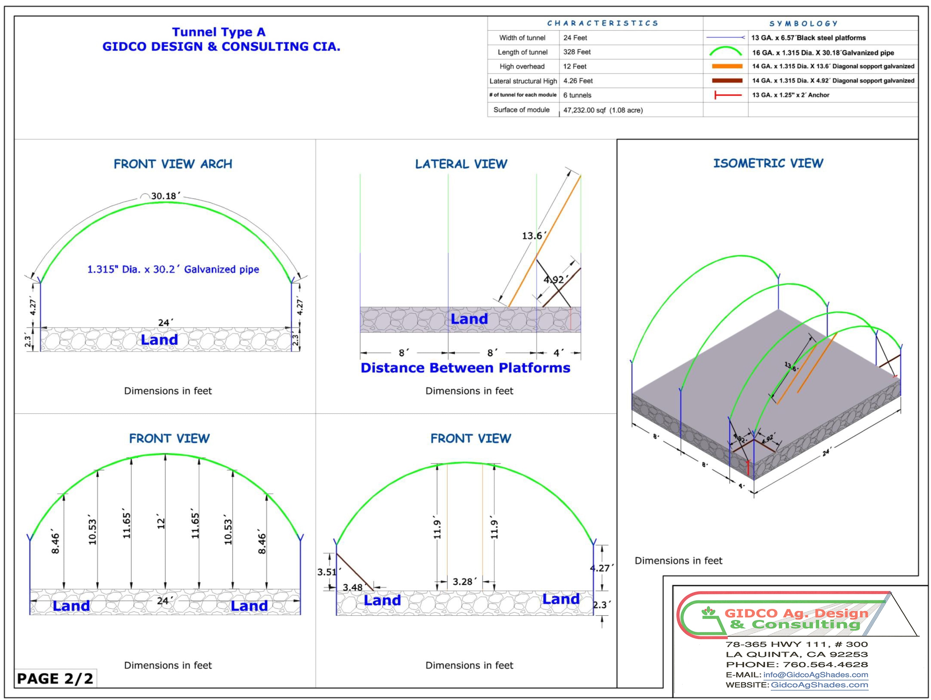 Tunnel Type A — Structural Details: 24 ft wide × 328 ft long, 12 ft overhead height, 6 tunnels per module (1.08 Ac). Front, lateral, and isometric views.